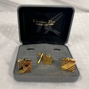 Vintage Christian Dior Gold Cufflinks & Tie Tack Set w Box